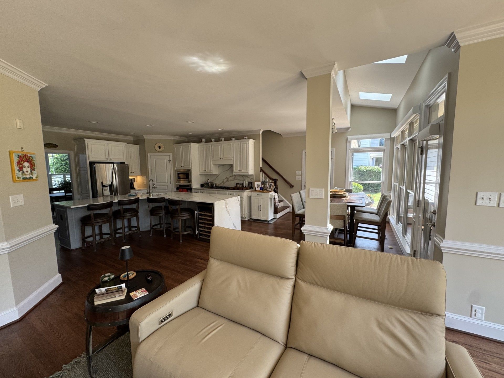 A living room with a couch and a table in it