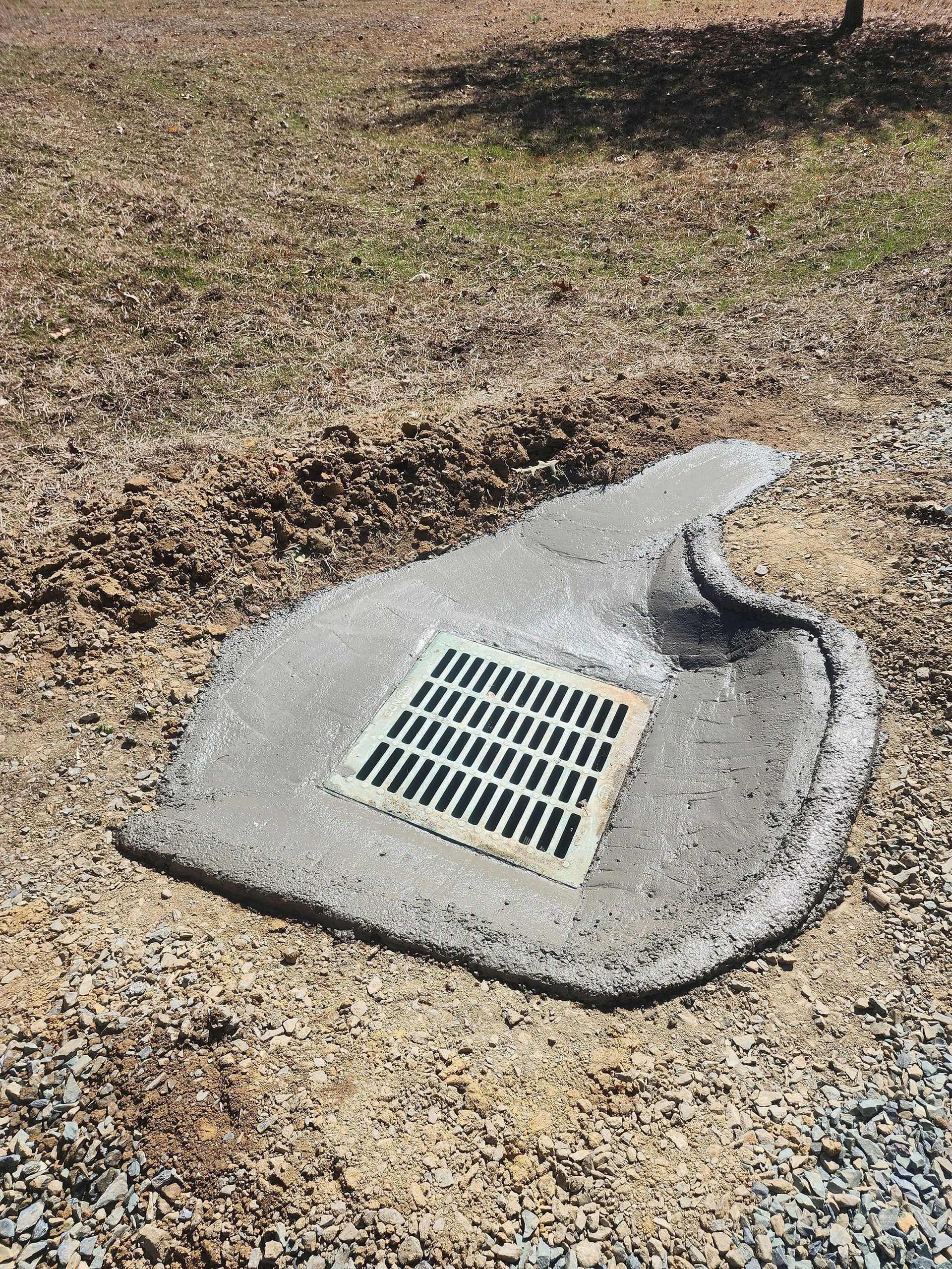 A drain cover is laying on the ground next to a tree.