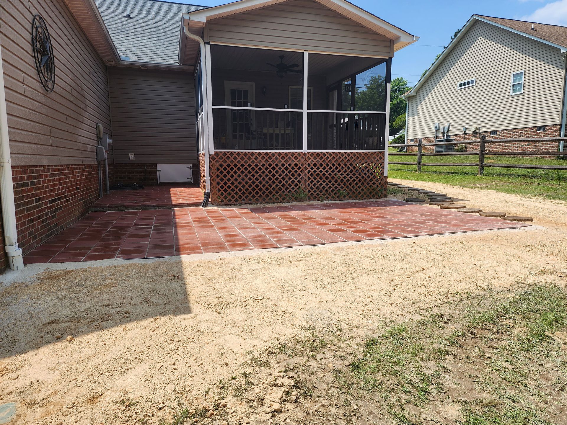 There is a screened in porch in the backyard of a house.