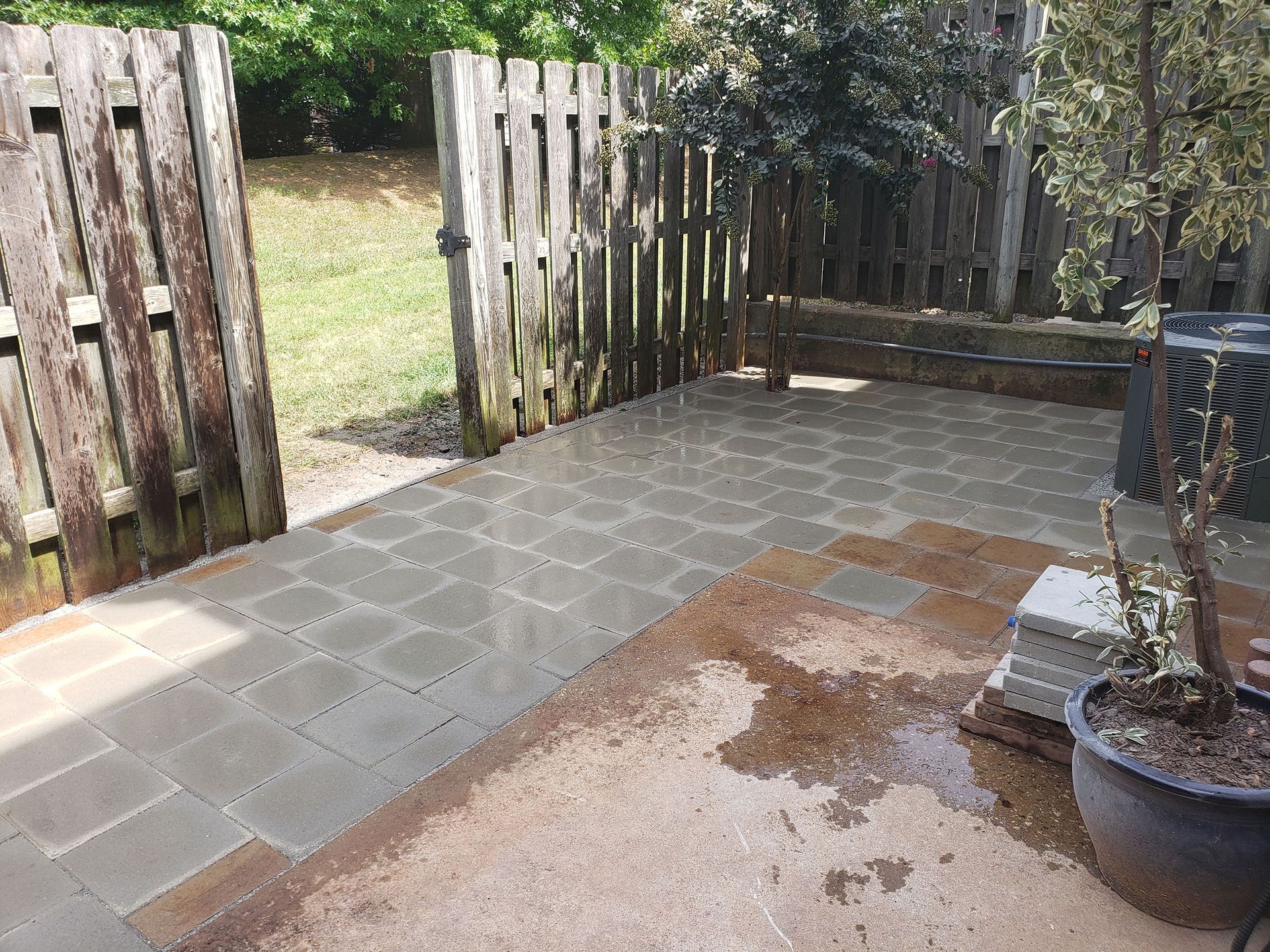 A patio with a wooden fence and a potted plant.