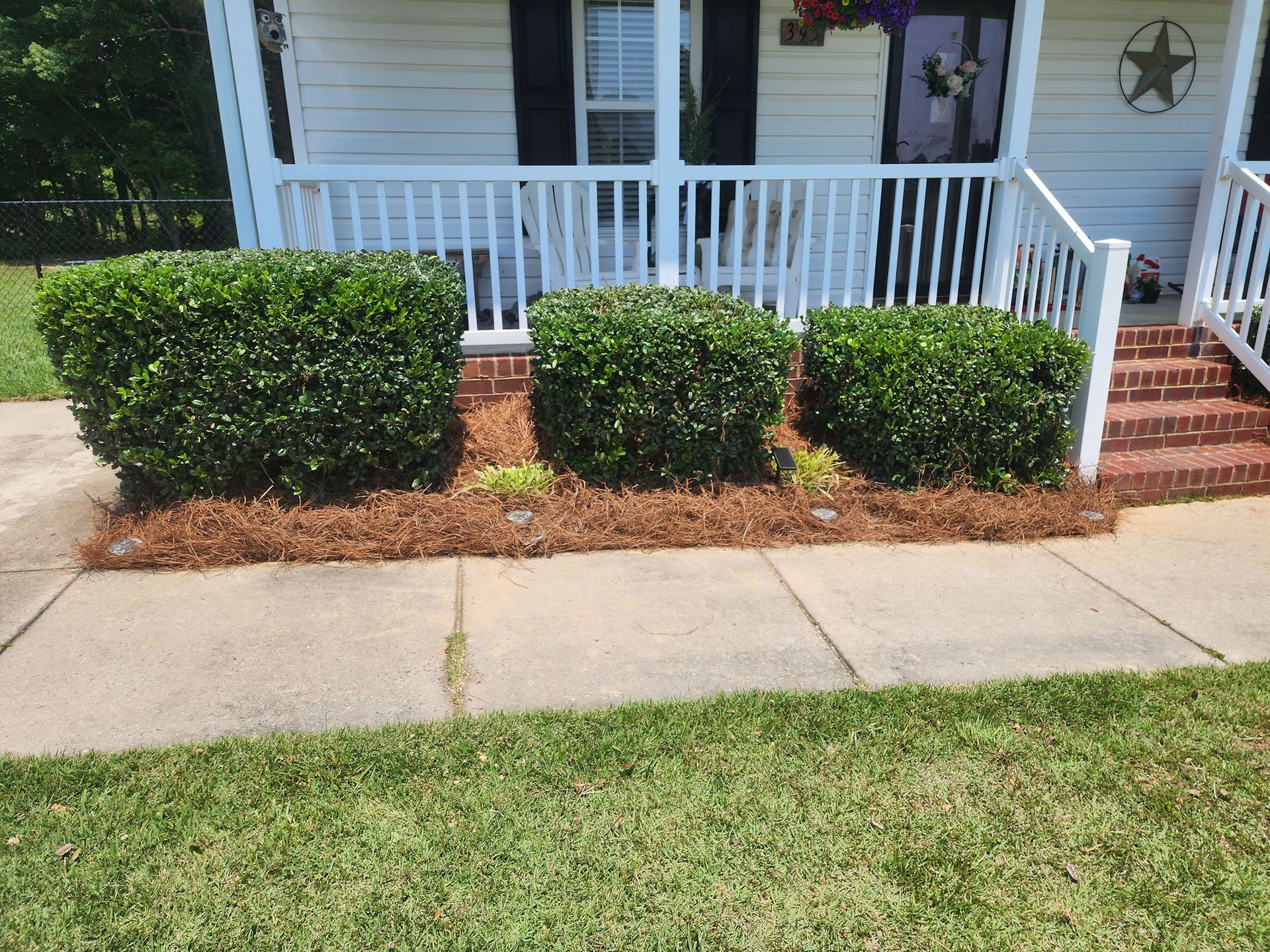 A white house with a porch and stairs and bushes in front of it.