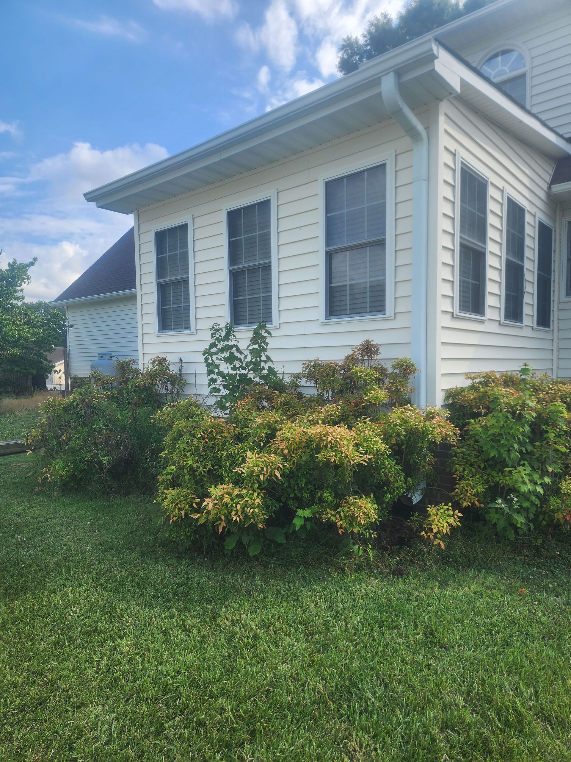 A white house with a lot of windows and bushes in front of it.