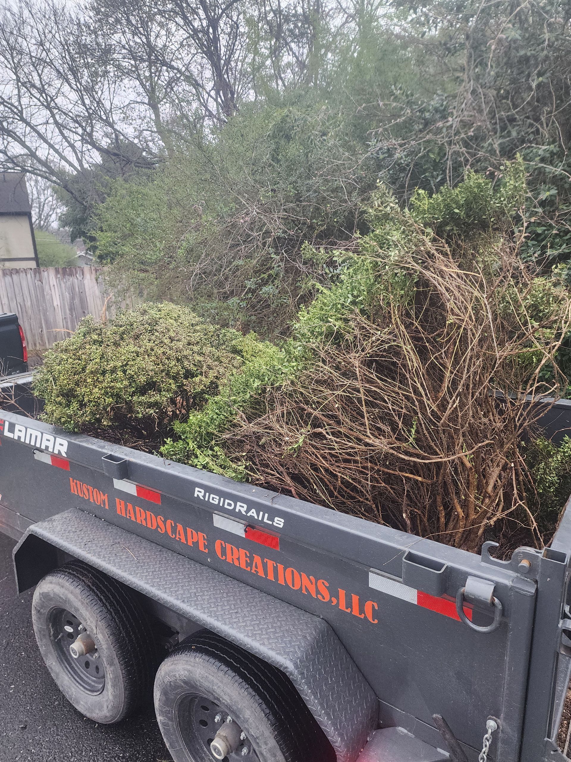 A dumpster filled with lots of brush is parked on the side of the road.