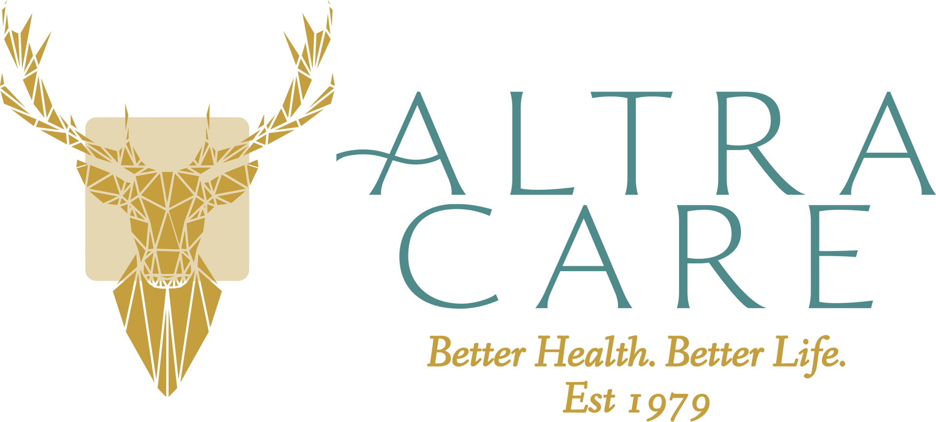 Logo for Altra Care featuring a gold stag head, teal text, and the tagline 