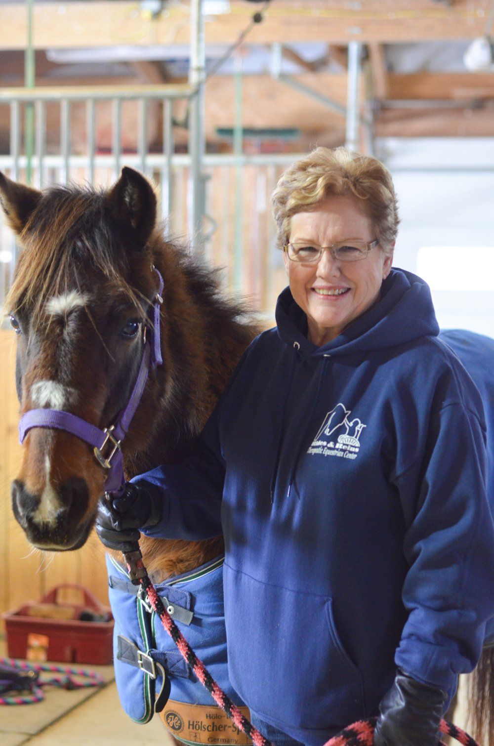 A woman in a blue hoodie is standing next to a brown horse.