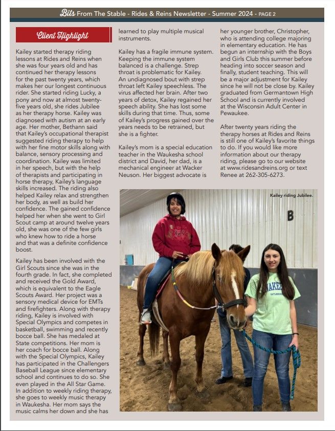 A woman is riding a horse in a newspaper article.