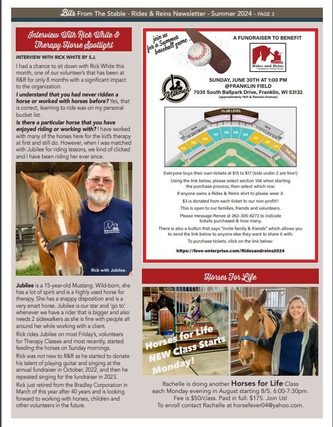 A man and a woman are standing next to a horse on a page of a newsletter.