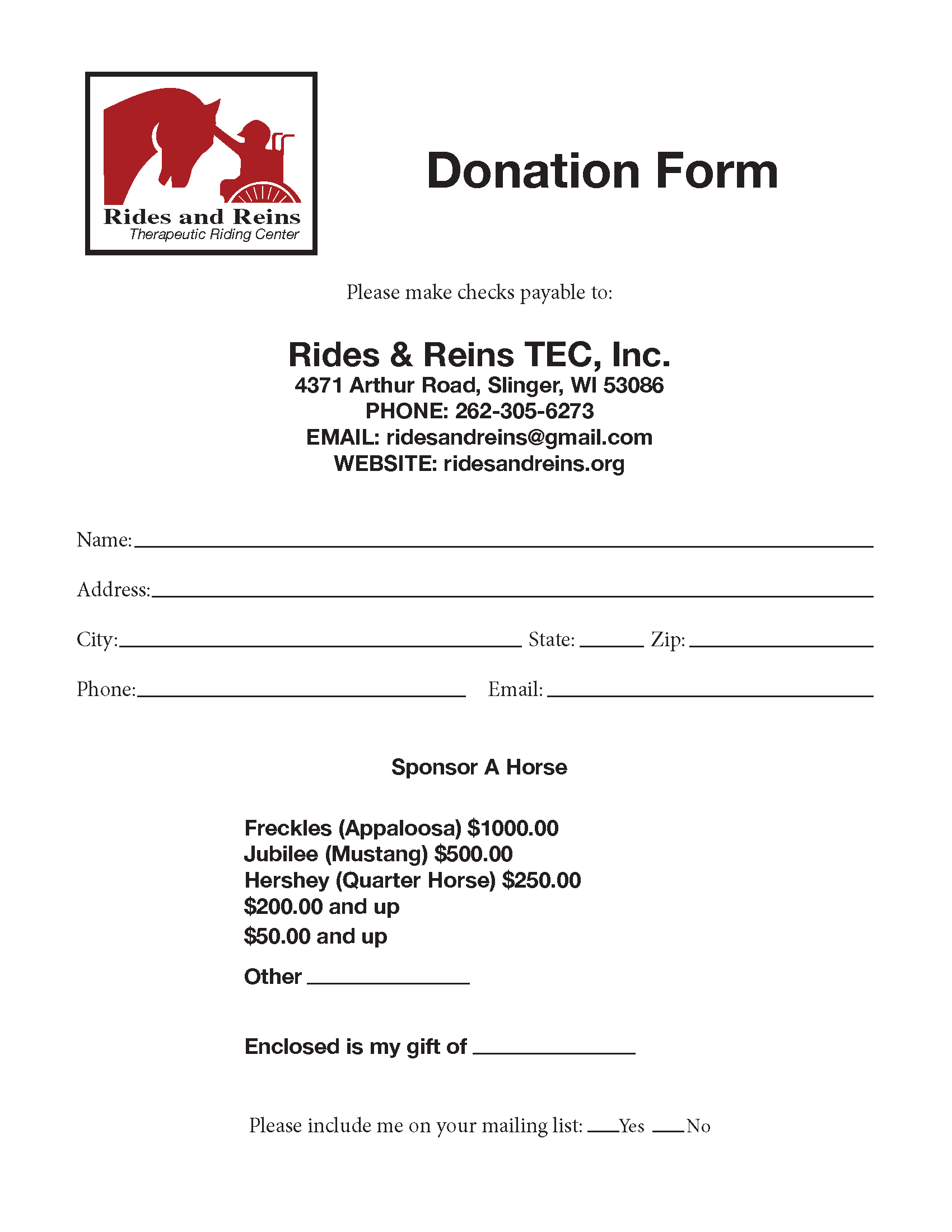 A donation form for rides & reins tec inc.