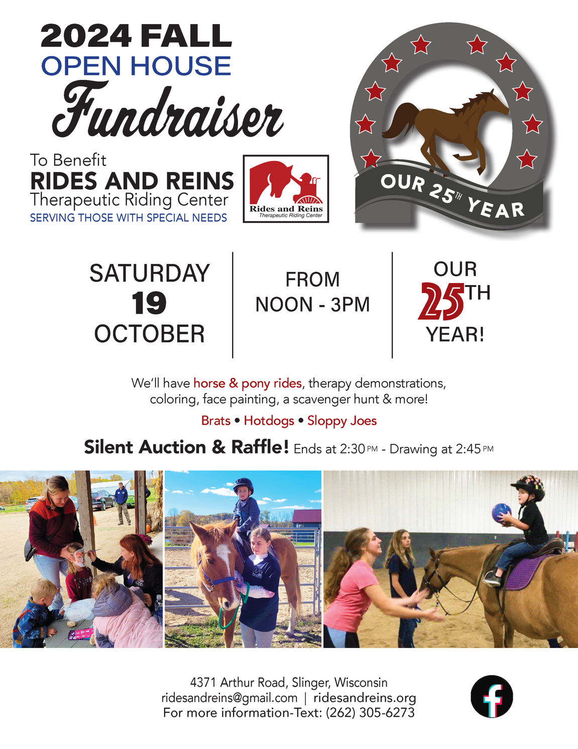 A poster for a fundraiser for rides and reins on saturday 19 october.