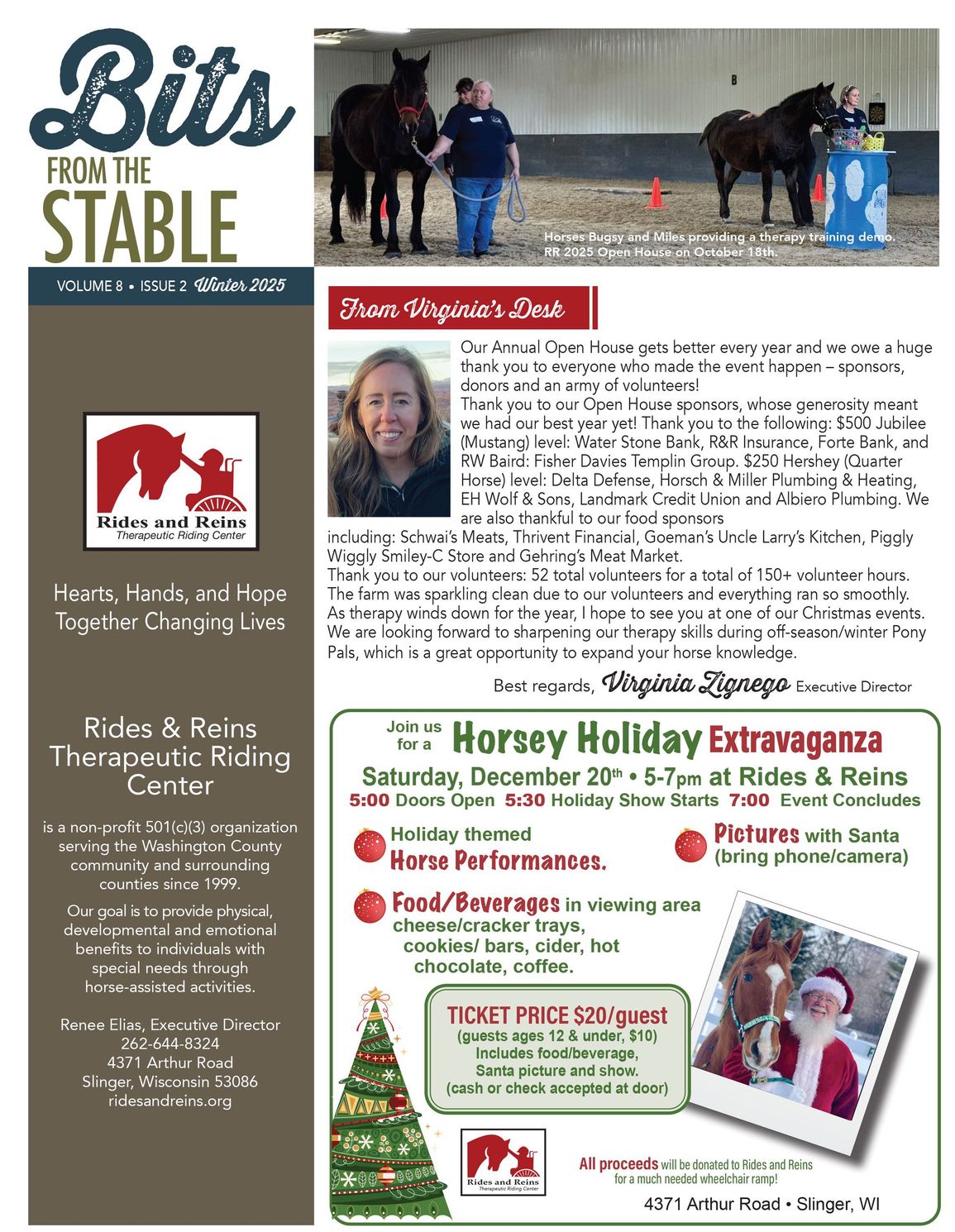 Newsletter with horse photos, event flyer, and article about therapeutic riding