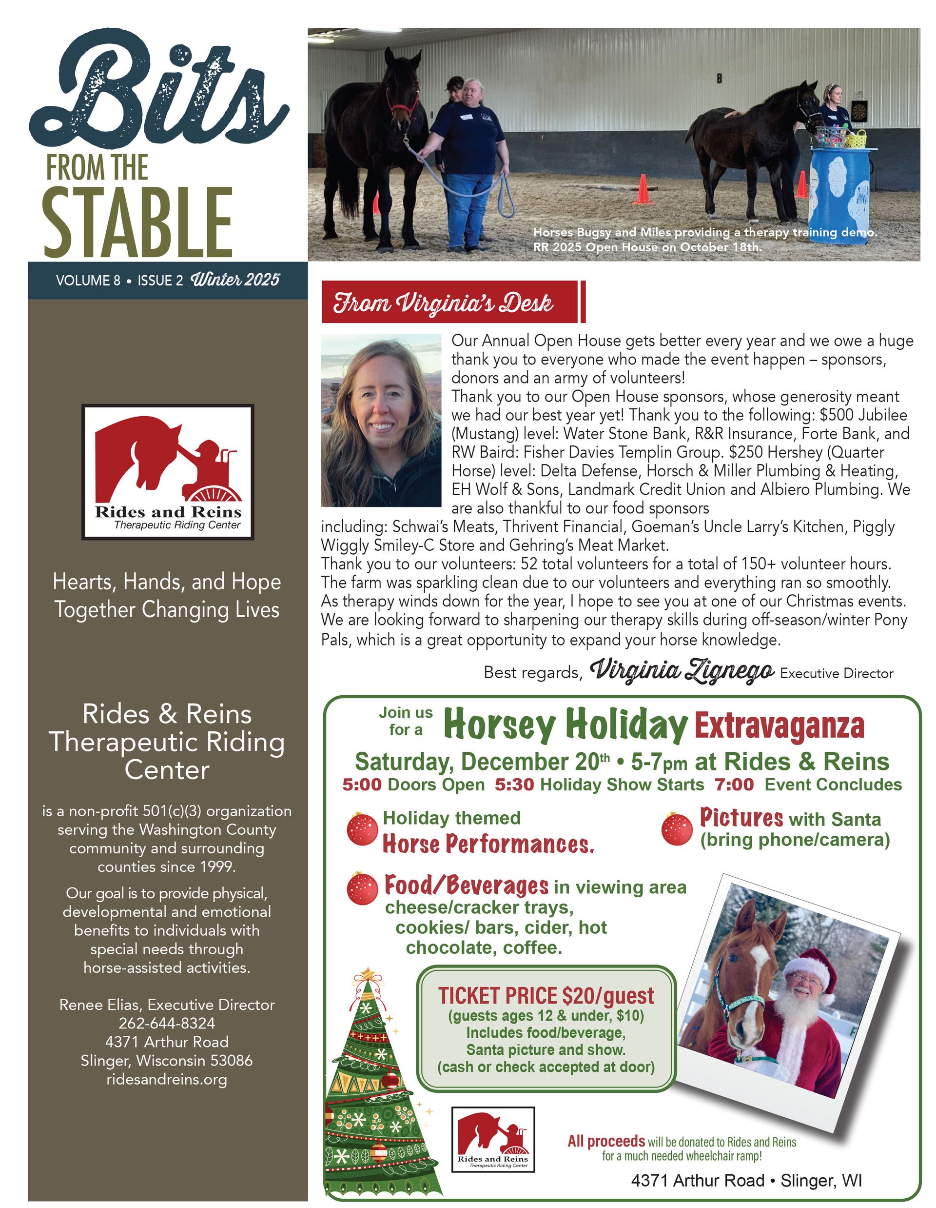 Newsletter with horse photos, event flyer, and article about therapeutic riding