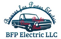 Logo for BFP Electric LLC featuring a vintage pickup truck, with blue text arching above and "Done Right Fast" in red.