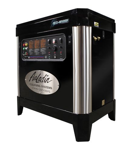 Black cabinet-style gas system with stainless steel accents and control panel