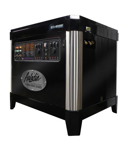 Black industrial machine cabinet with control panel and silver vertical trim on a white background