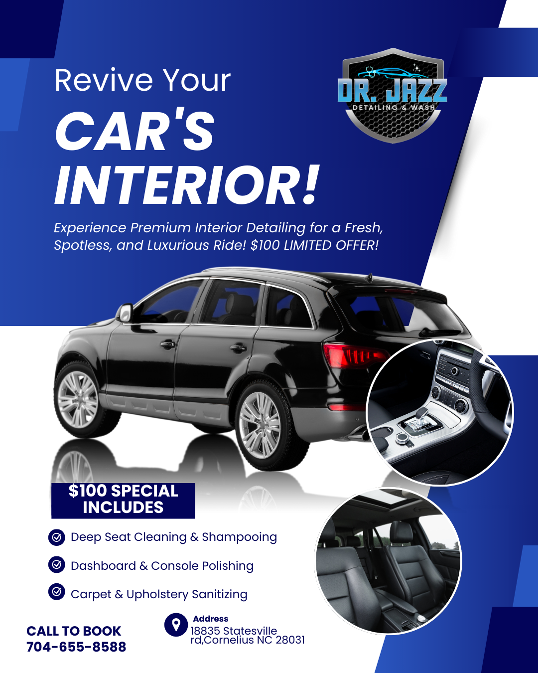 Car detailing ad: Dark SUV with interior detail photos, blue background, 