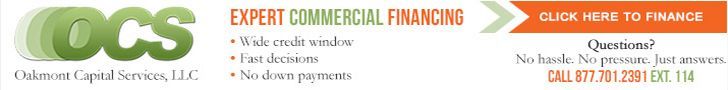 OCS banner with “Expert Commercial Finance,” orange call-to-action button, and contact info on a white background