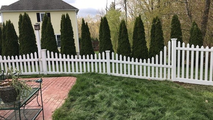 A white picket fence runs across a green backyard lawn with a yellow house and tall evergreen trees in the background.