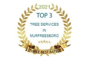 2021 Top 3 Tree Services in Murfreesboro award badge with gold laurel wreath and ribbon