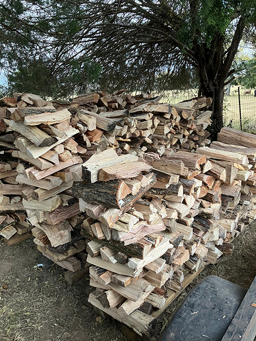 Stacked firewood beside a tree in a rural yard