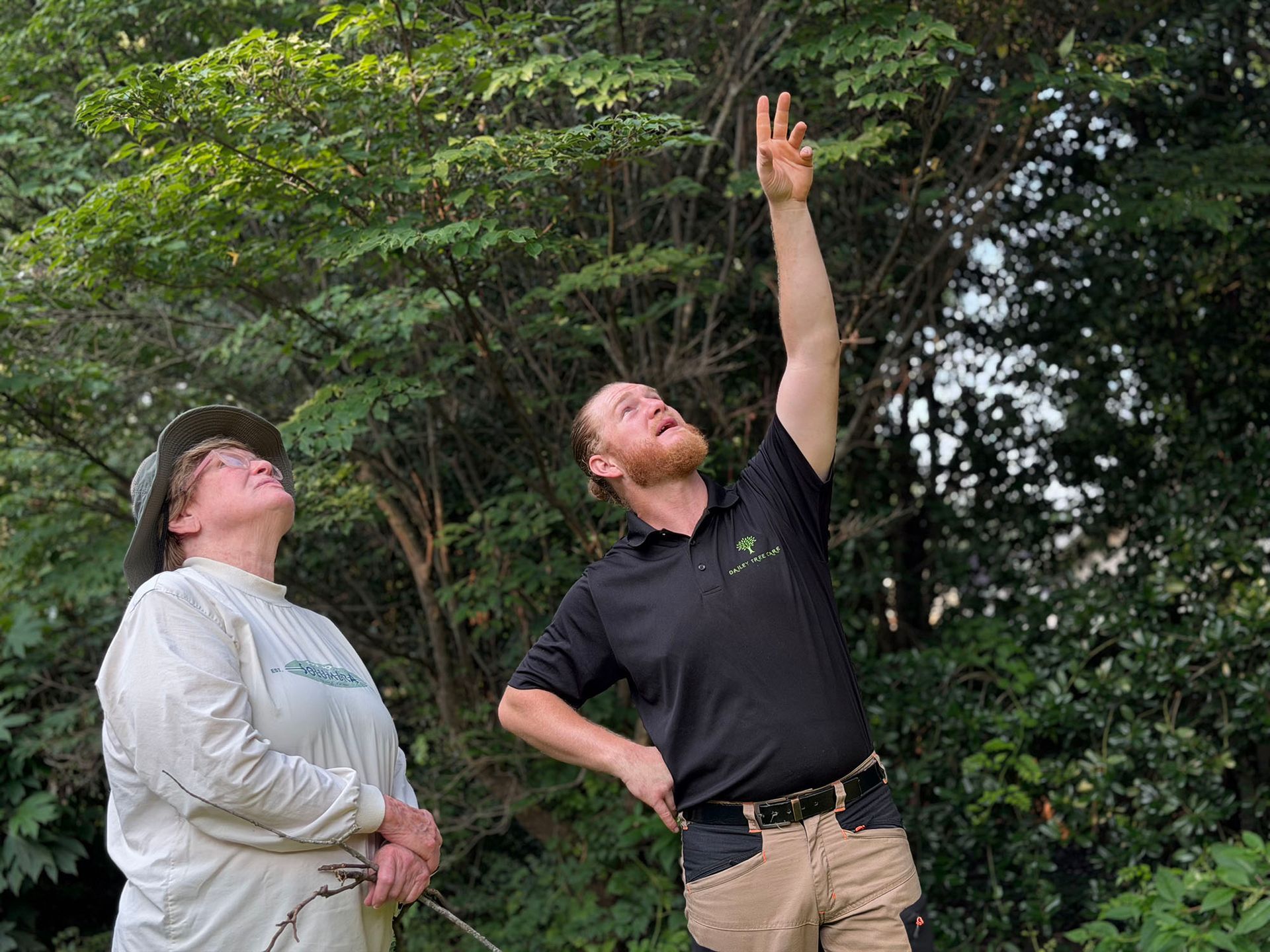 Two people outdoors under trees, looking up as one points upward.