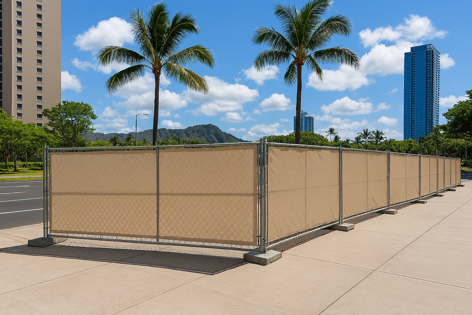 Tan privacy fence outdoors with palm trees and buildings under a blue sky.