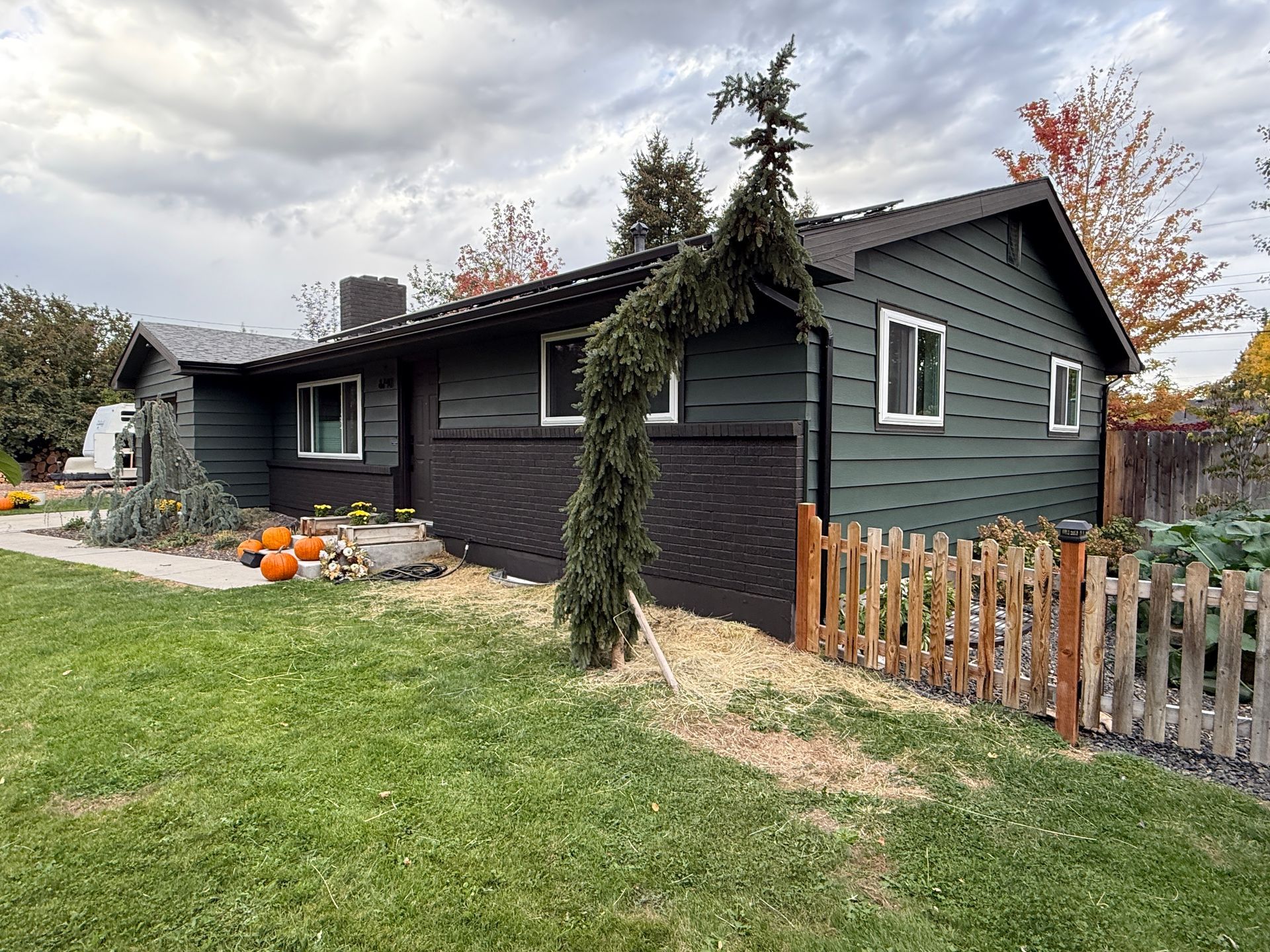 Dark house exterior with black siding, white trim, a small porch, and orange pumpkins by the walkway