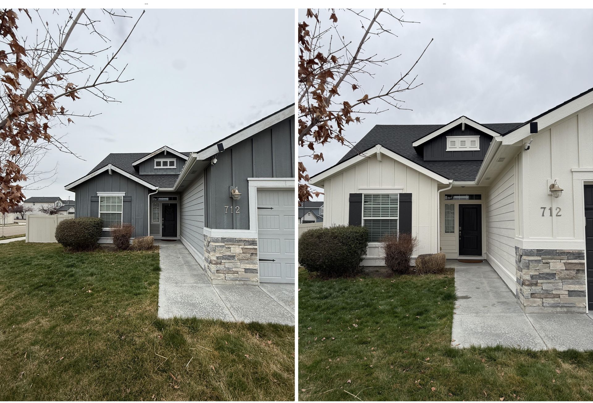Side-by-side exterior view of a gray house showing before and after white siding and stone updates.