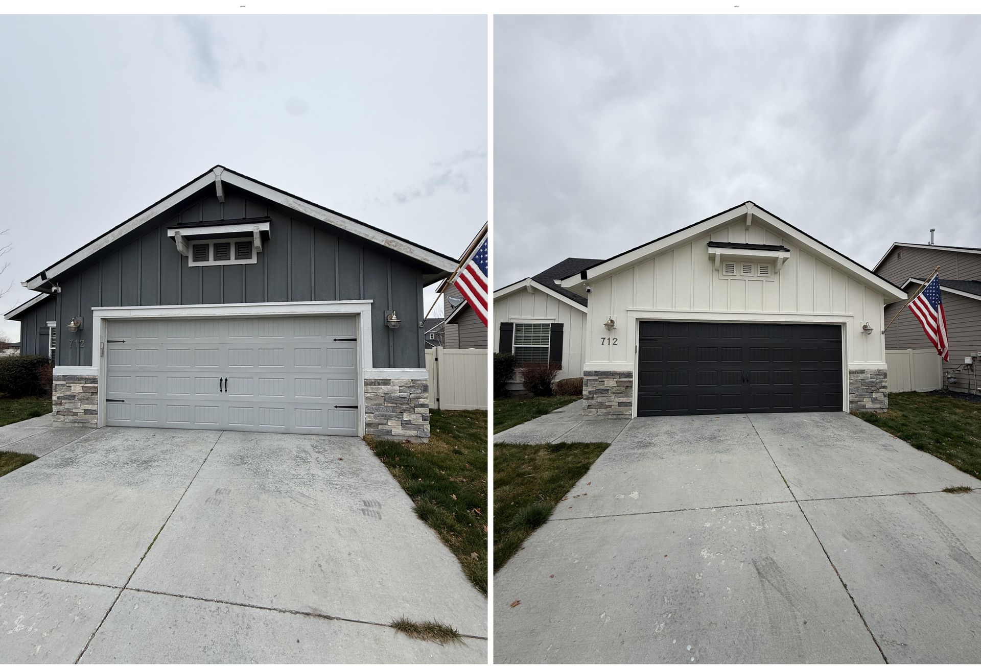 Side-by-side house front views: gray exterior with light garage door and cream exterior with black garage door.