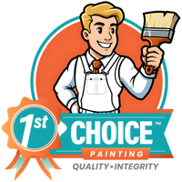 1st Choice Painting logo with smiling painter holding a brush, in orange, teal, and white