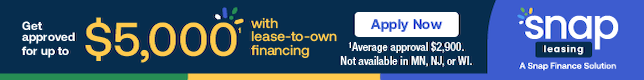 Blue SNAP ad banner offering up to $5,000, with an Apply Now button and grocery-themed background.