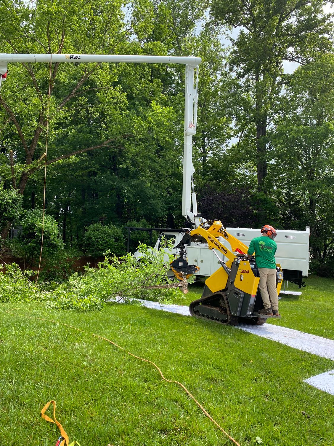 A man is standing next to a machine that is cutting a tree.
