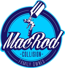MacRod Collision logo in blue and white, with a tow truck and &ldquo;family owned&rdquo; text