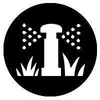 Sprinkler watering grass, depicted as white on a black circular background.