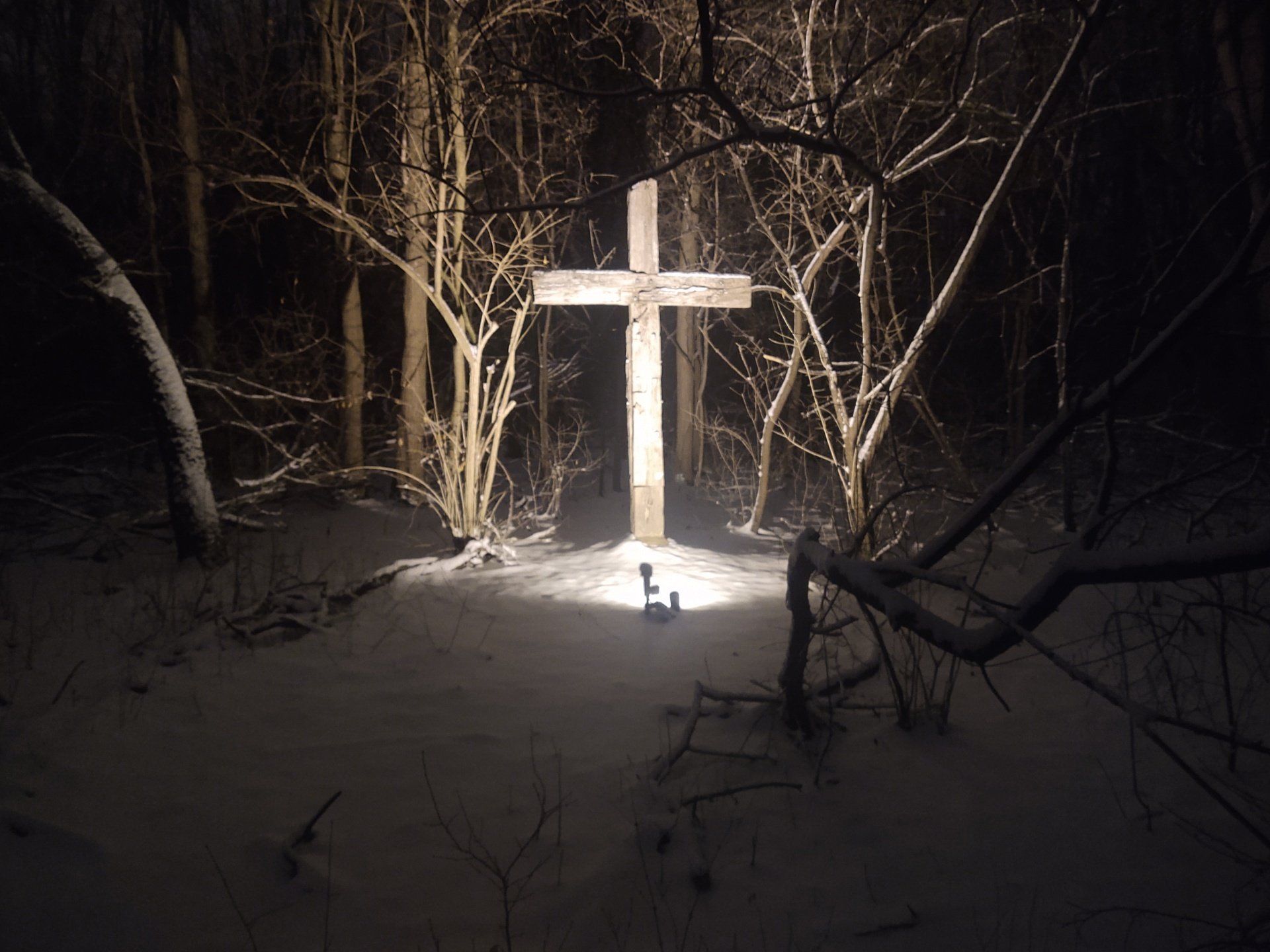 A cross in the middle of a snowy forest at night