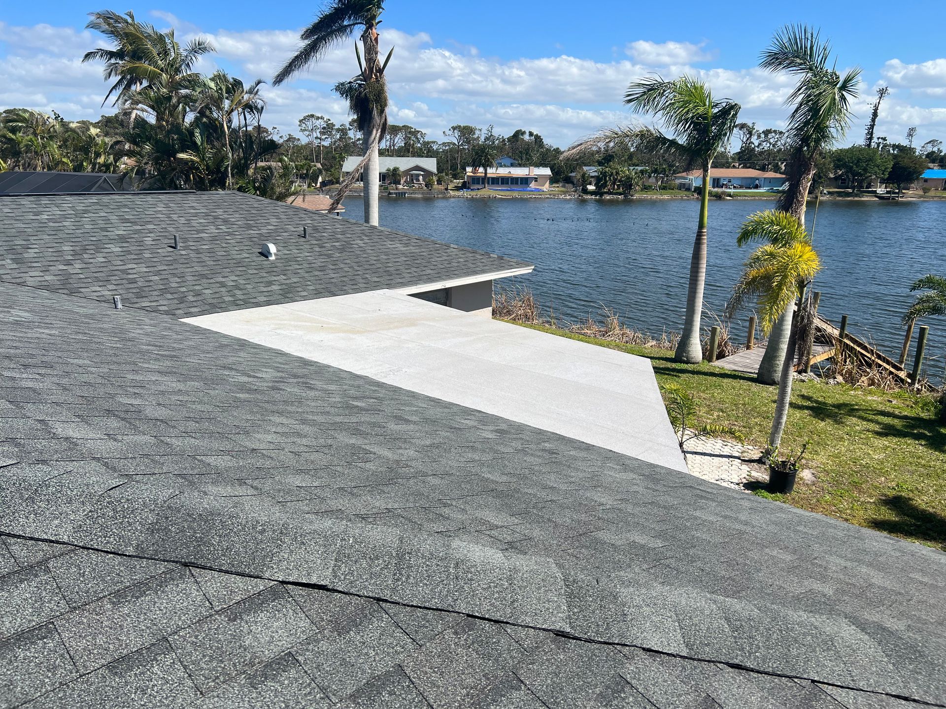Rooftop overlooking a lake with palm trees and a blue sky on a sunny day