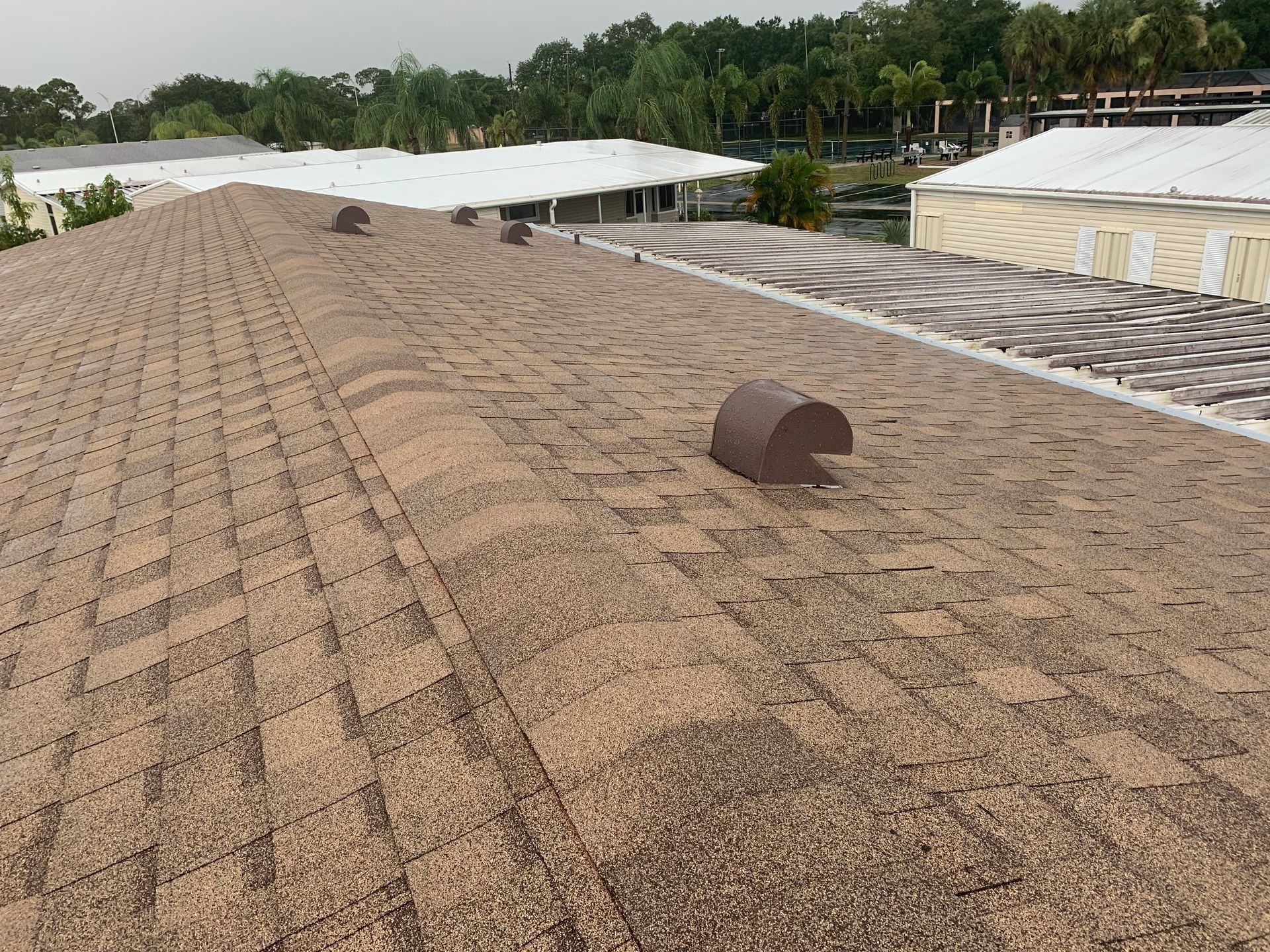 Flat rooftop with weathered shingles and a vent pipe, overlooking nearby buildings and trees.