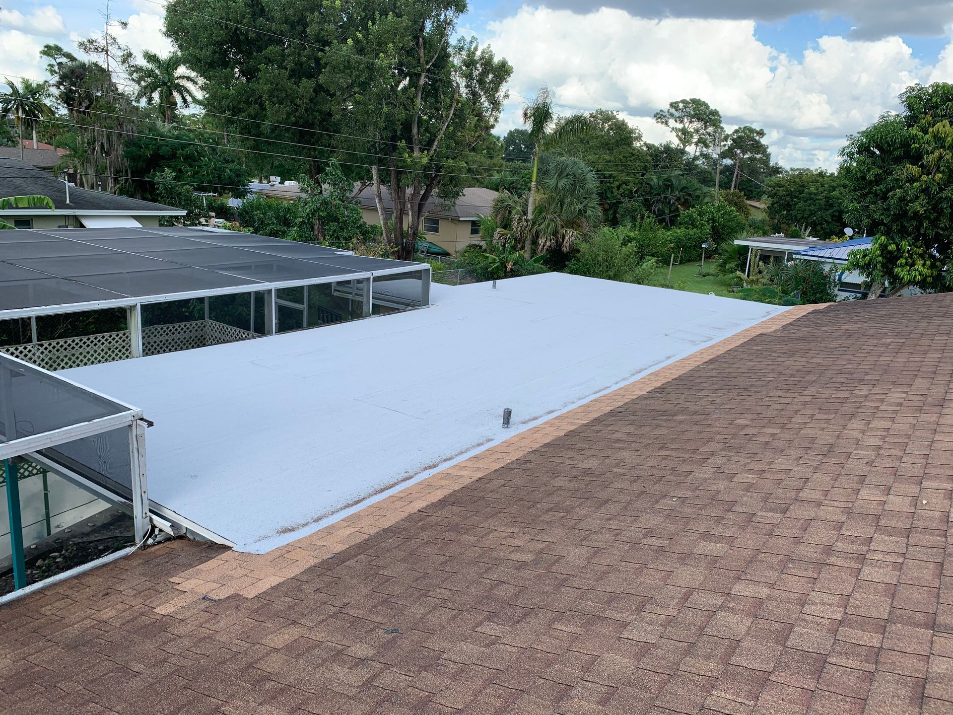 Rooftop with white coating beside a brown shingle roof, surrounded by trees and cloudy sky
