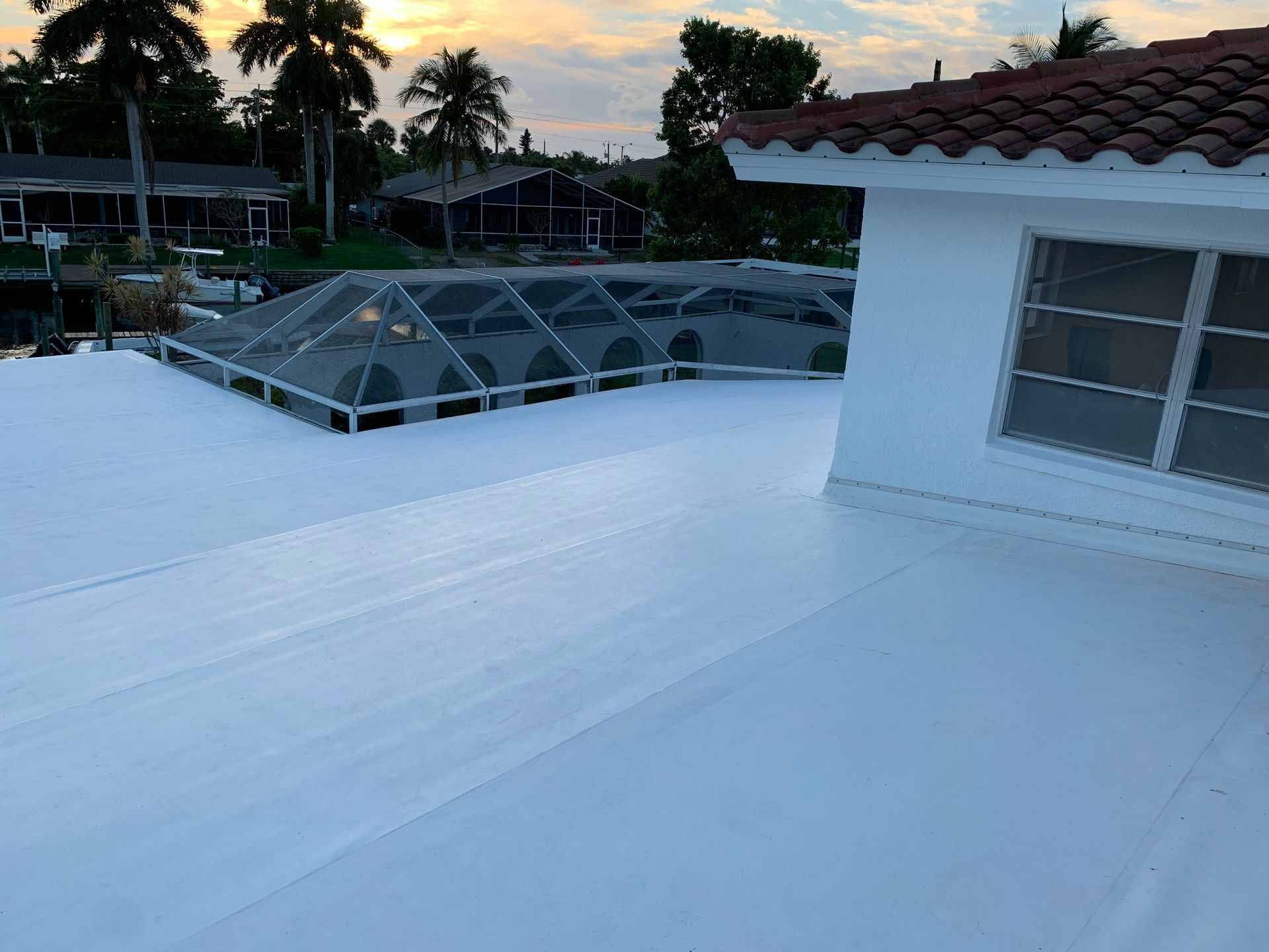 Rooftop with white membrane, skylights, and a sunset view over nearby buildings and trees