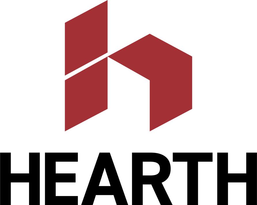 HEARTH logo with a red geometric icon above bold black text