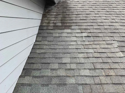Gray shingled roof beside a white siding wall, viewed from above