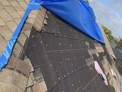 Roof shingles with a small roof vent and skylight-mounted equipment on a sloped house roof