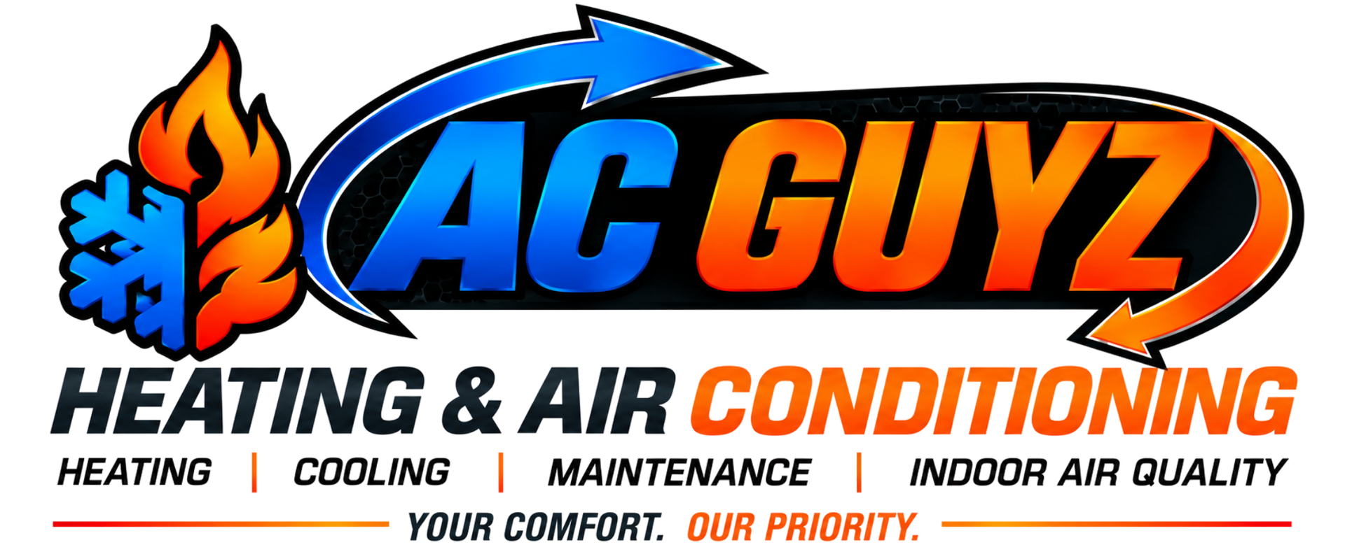 AC Guyz heating and air conditioning logo with flame, snowflake, and blue-orange text