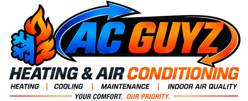 AC Guyz heating and air conditioning logo with flame, snowflake, and blue-orange text