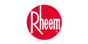Rheem logo in white on a red circular background