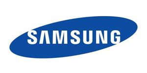 Samsung logo in white on a blue oval background