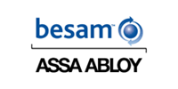 Logo for Besam, a brand of ASSA ABLOY, featuring a blue wordmark and abstract graphic with arrows and a sphere.