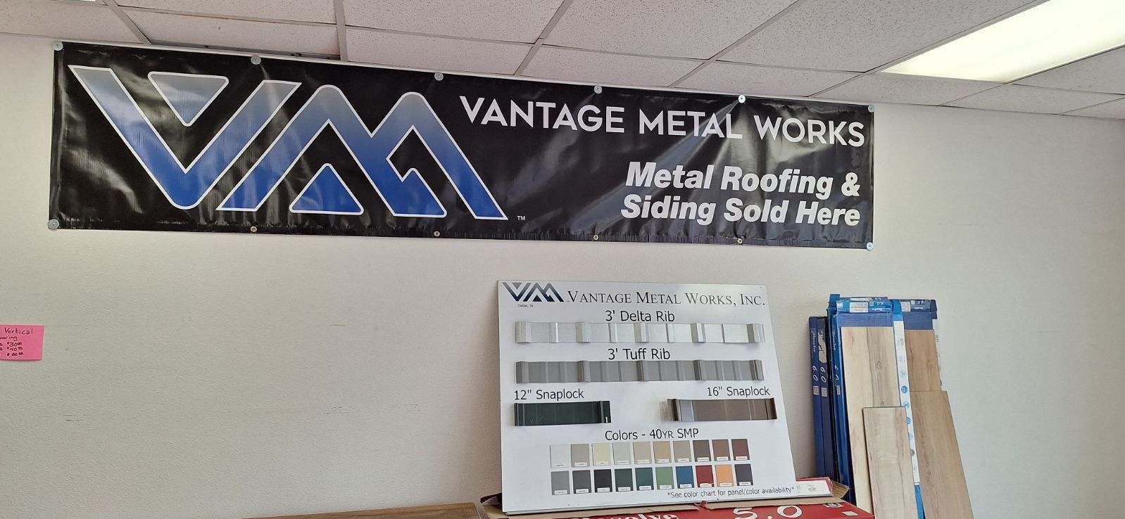 A sign that says vantage metal works on it.