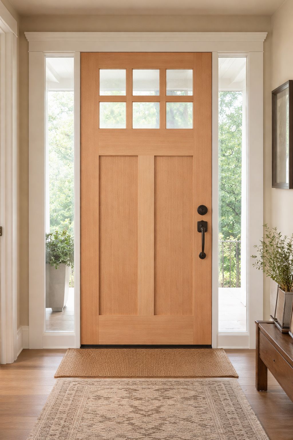 A light wood front door with a six-pane glass window at the top, flanked by two side windows, inside a residential foyer.