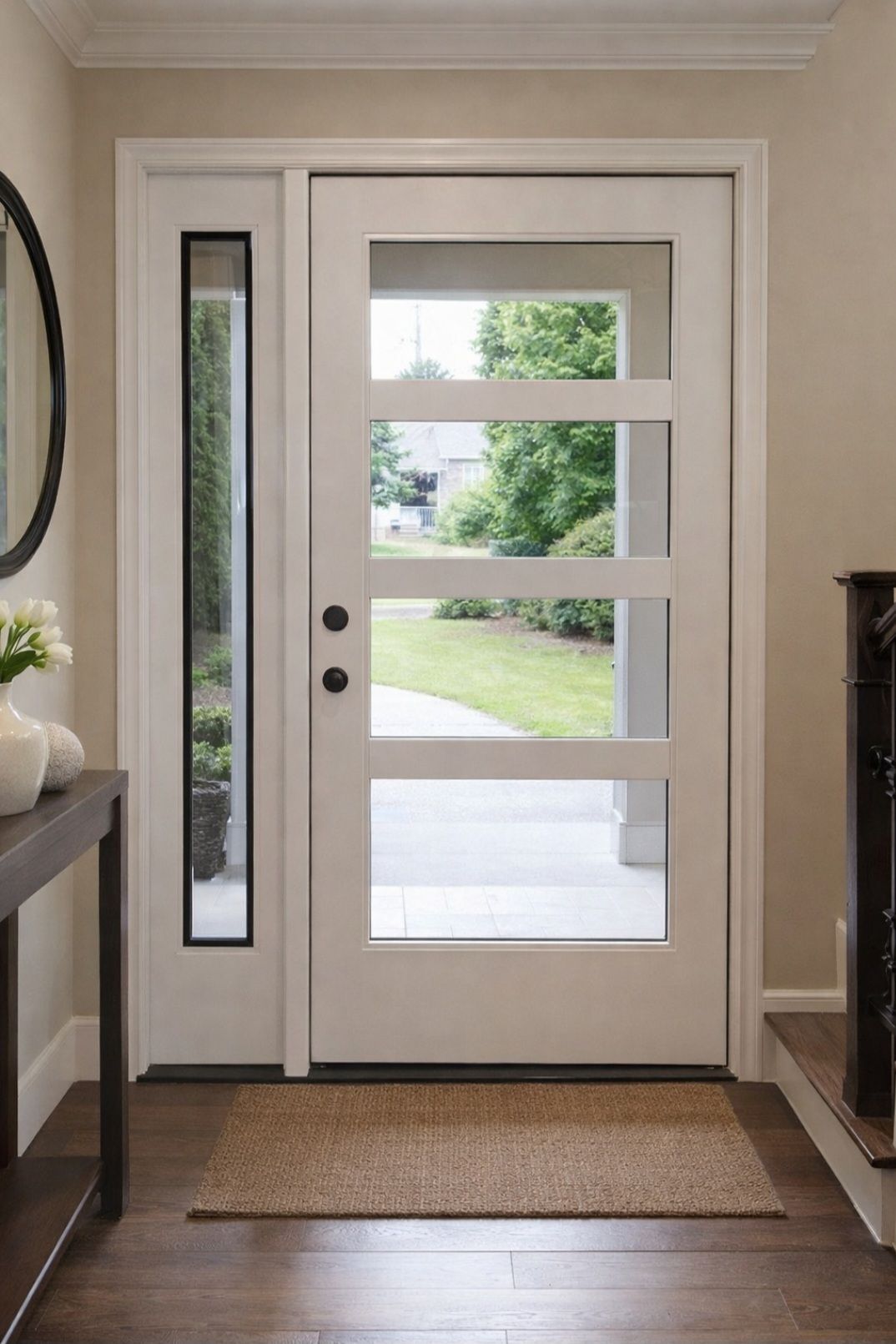 White front door with horizontal glass panels and a side light, viewed from inside a home entryway.