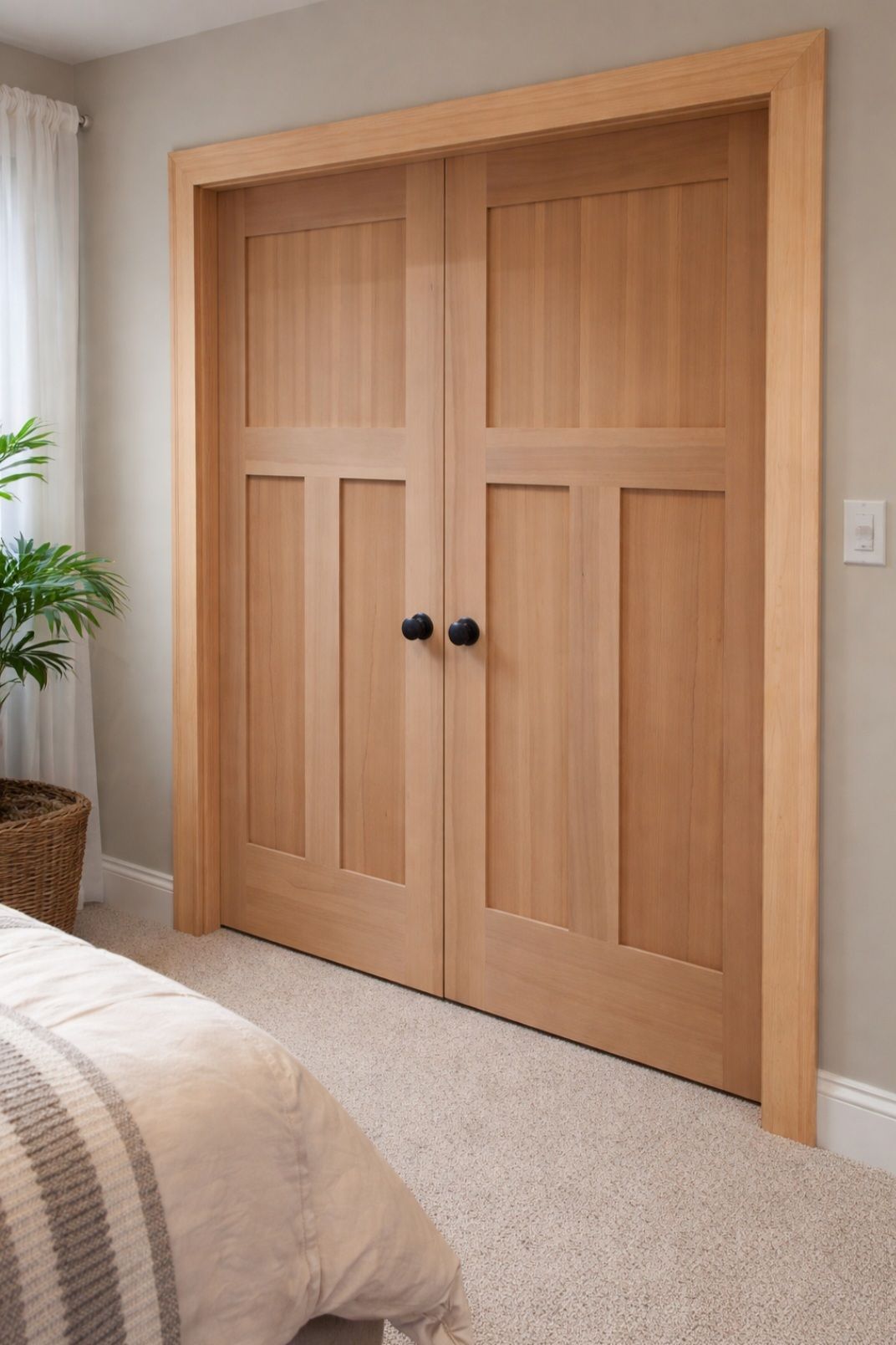Double light-wood doors with black round knobs set in a minimalist door frame in a bedroom with beige walls.